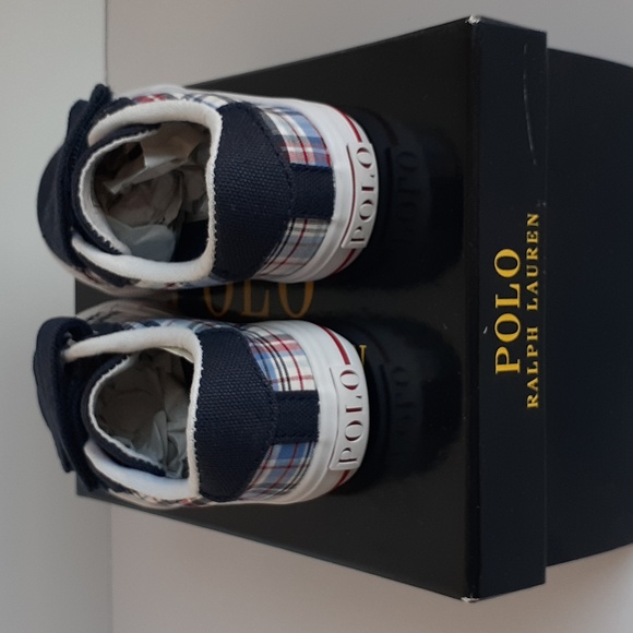 Polo Ralph Lauren Boys Plaid Canvas Sneakers Velcro Red Pony Toddler Sz 6 - Picture 4 of 11